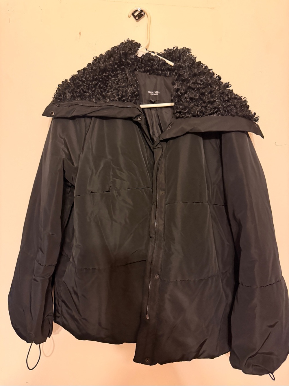 Simply Vera Vera Wang Black Puffer Jacket with Faux-Shearling Collar